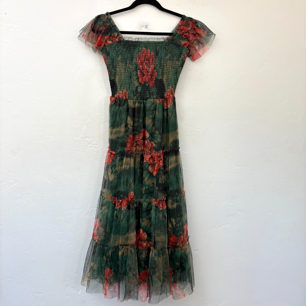 Baltic Born Clementine Tulle Midi Dress Women Size Small Dark Green Floral New